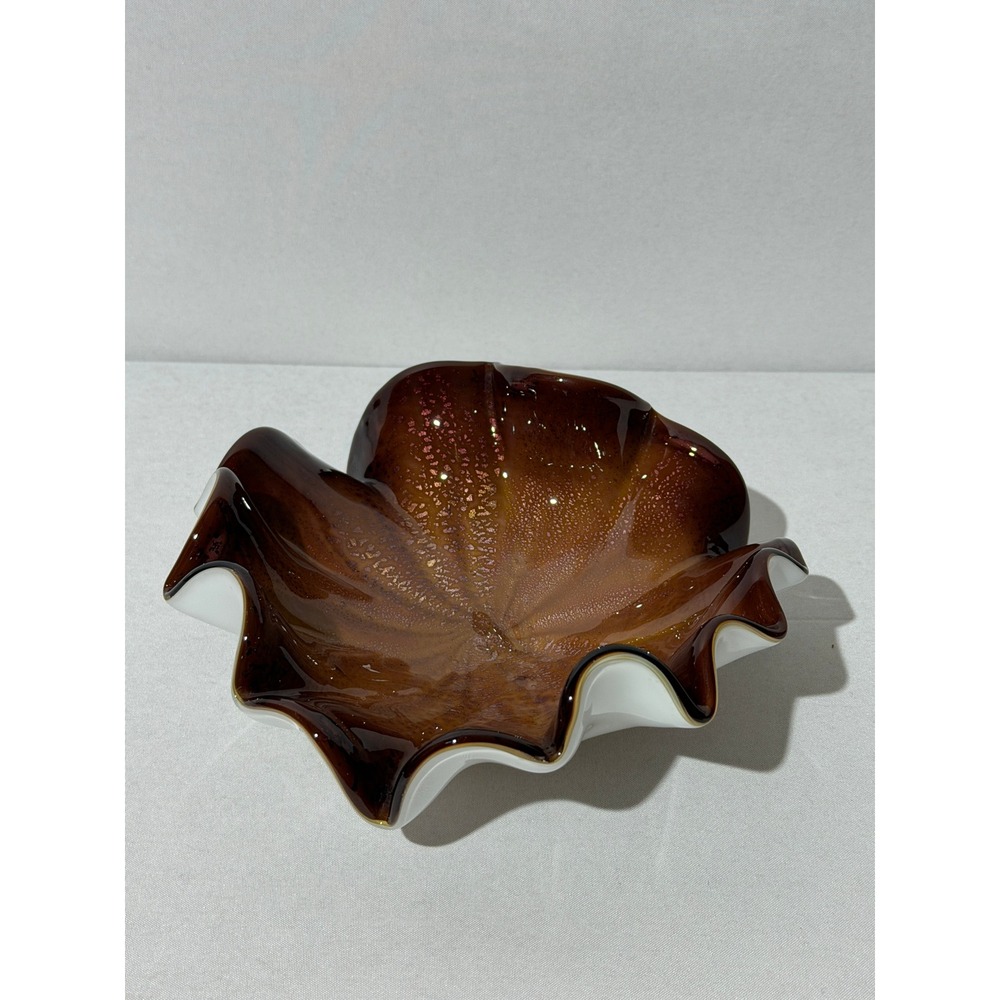 Amber Murano Style Art Glass Ruffled Bowl White Milk Glass Base Shell Catchall